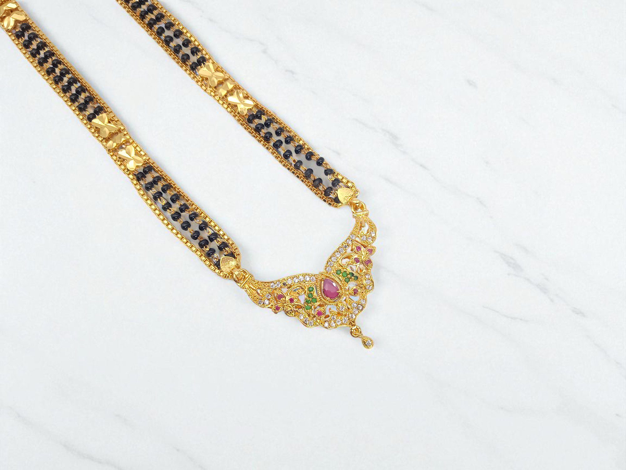 1 Gram Gold Plated Black Beaded Long Dollar Chain