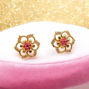 Pretty Queen - 1 Gram Gold Plated AD Stone Floral Stud Earring For Women & Girls
